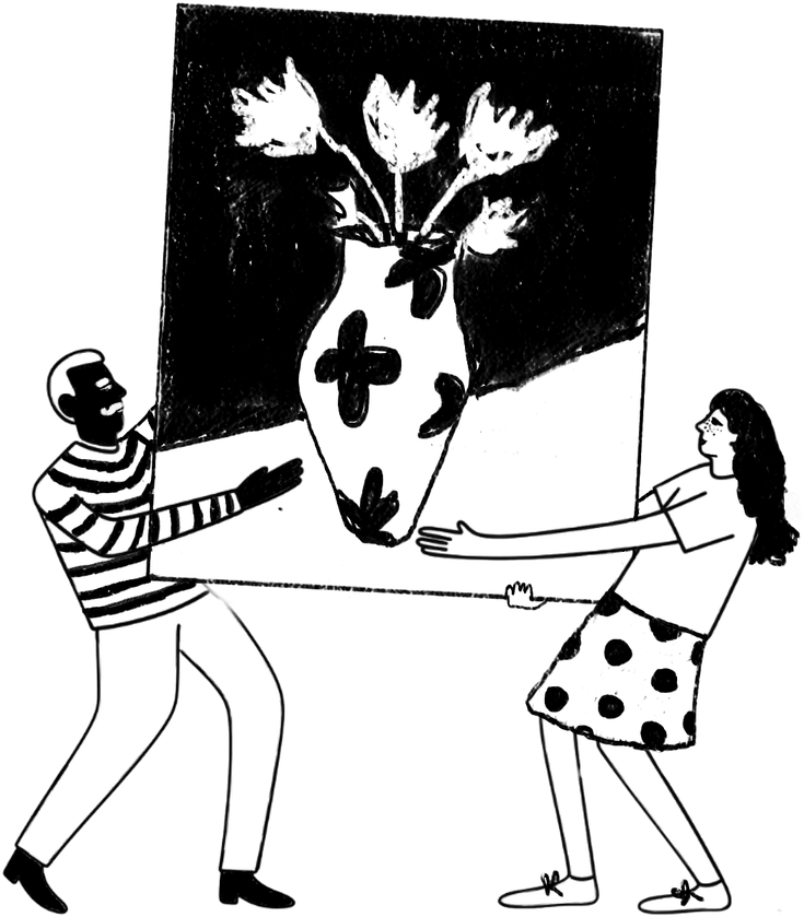 Twee mensen houden samen een schilderij met bloemen vast.